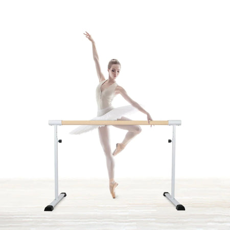 Angled shot of white 110 cm ballet barre base visible