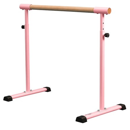 A pink free-standing ballet barre with a wooden top and black base.