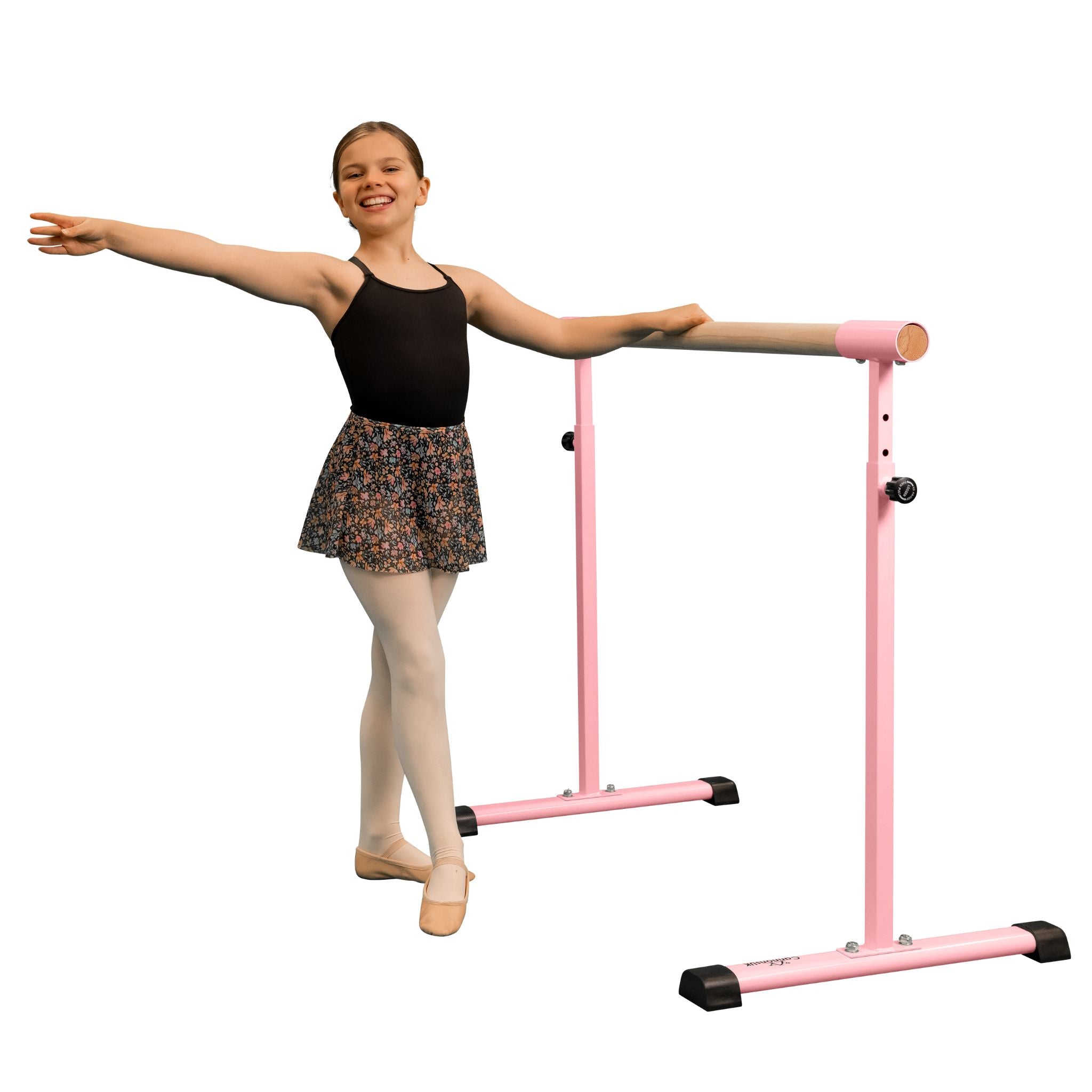 Side profile of pink freestanding ballet barre 150 cm