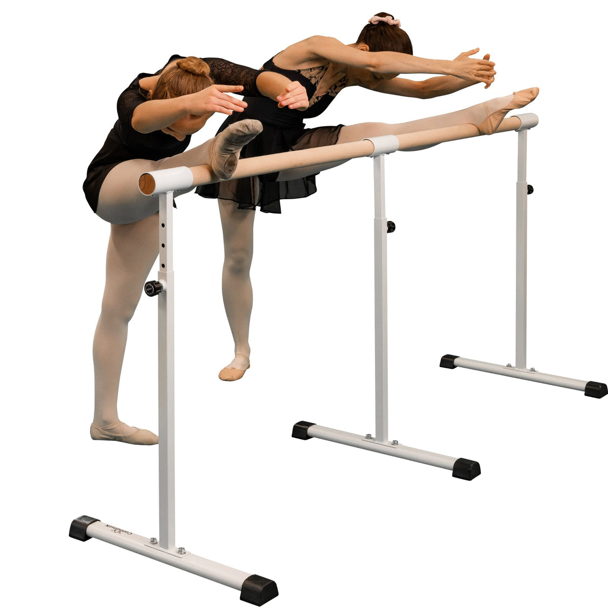 Side profile of white freestanding ballet barre 150 cm