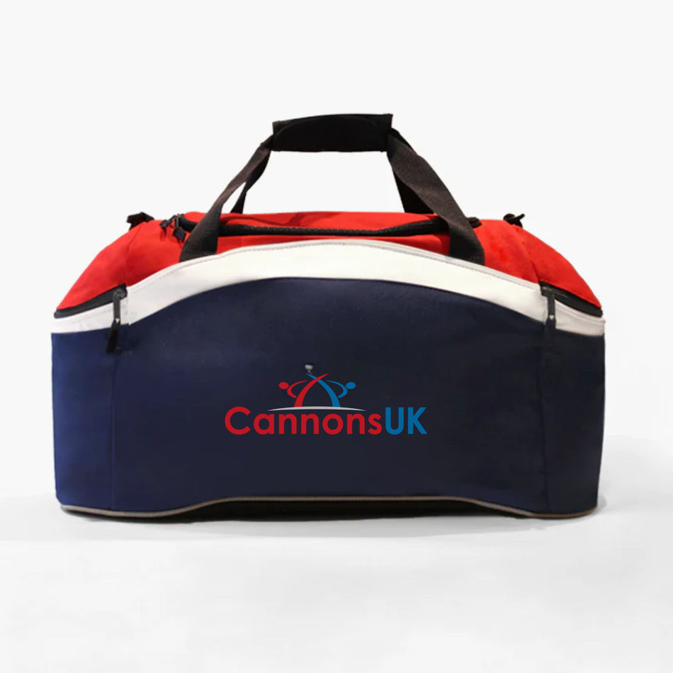 A CannonsUK gymnastics holdall with blue, red, and white colors, featuring zippered end pockets, a padded hand grip, and a detachable adjustable shoulder strap.
