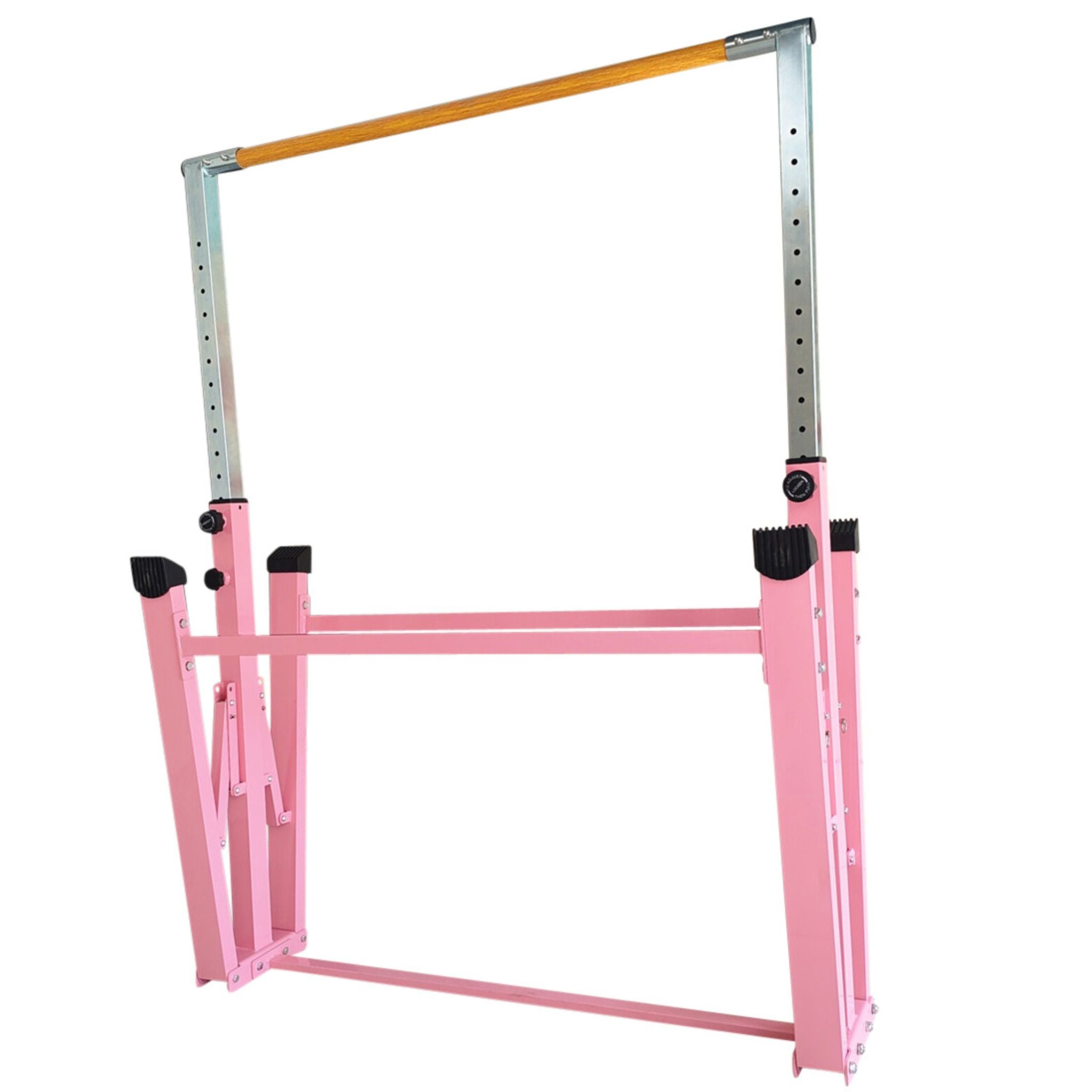 Back angle of the pink deluxe gymnastics bar highlighting support structure.