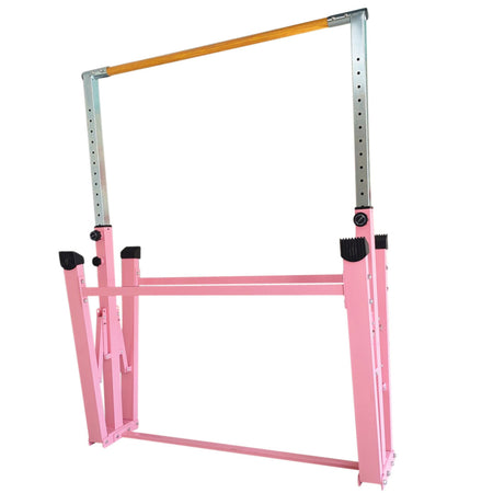 Back angle of the pink deluxe gymnastics bar highlighting support structure.