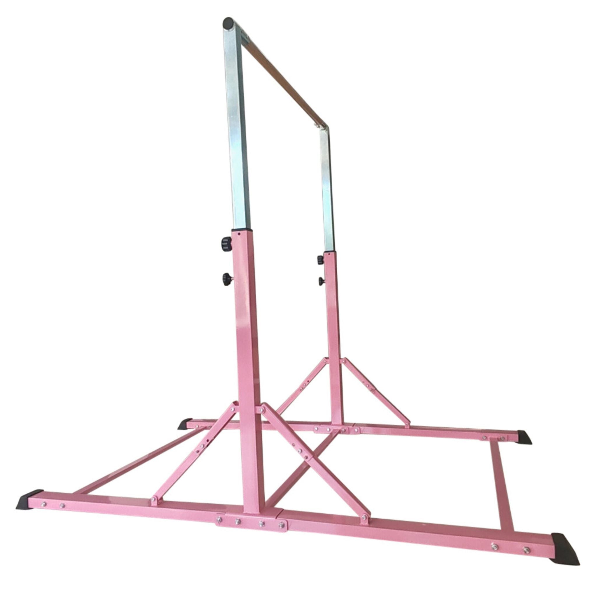 Side profile of pink gymnastics bar showing sturdy foldable steel frame.