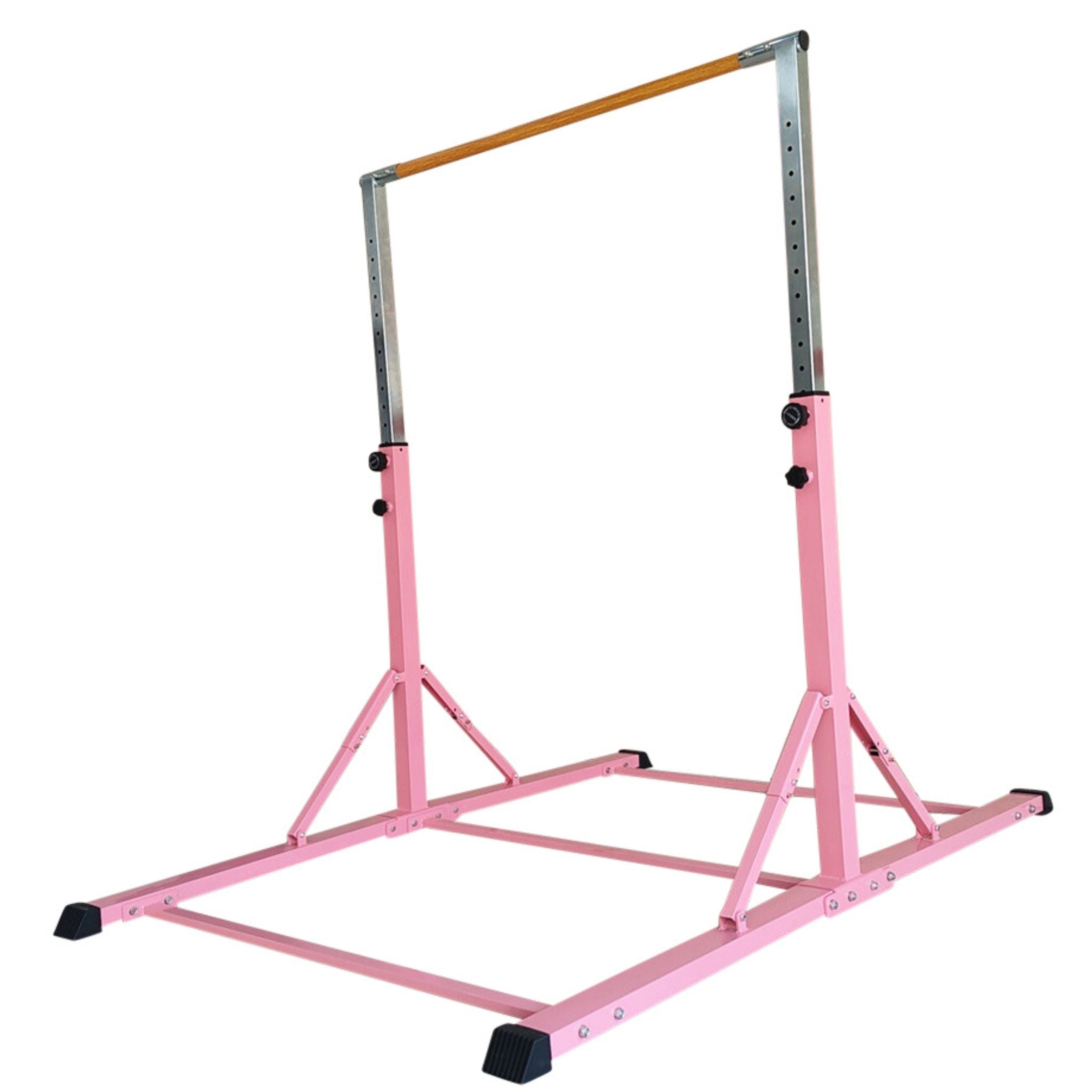 Front view of Cannons UK pink deluxe folding gymnastics bar with wooden rail.
