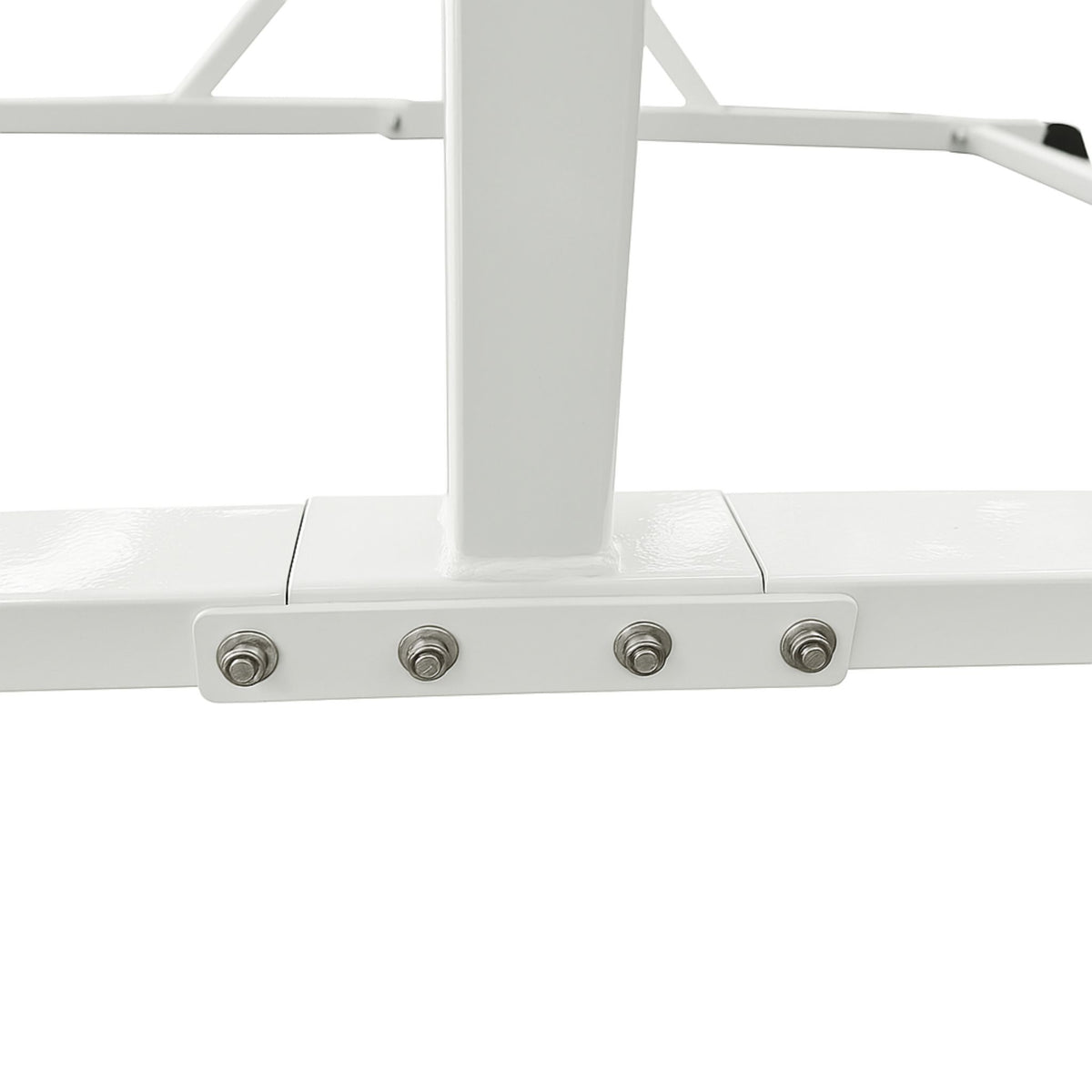 Side angle of white folding gymnastics bar showing sturdy metal frame and rubber feet.