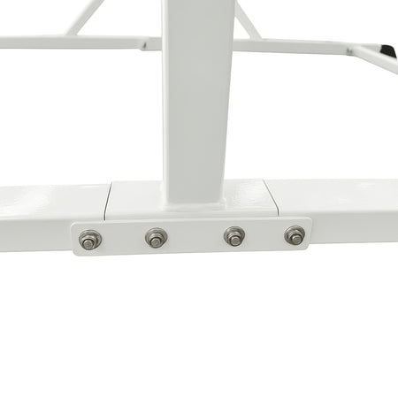 Side angle of white folding gymnastics bar showing sturdy metal frame and rubber feet.