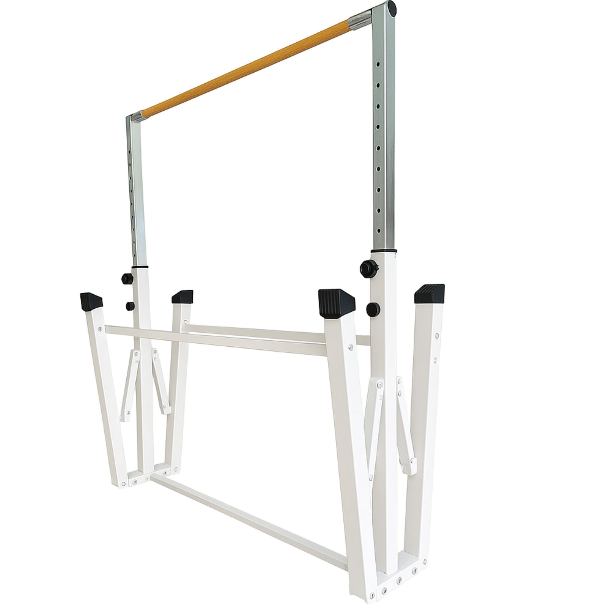 White gymnastics bar fully folded for compact storage – Cannons UK model.