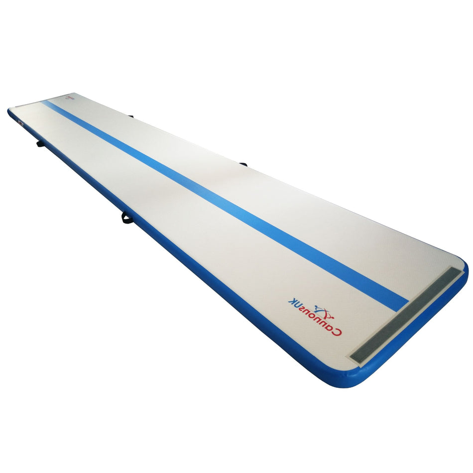 Air Track Pro 5 m × 1 m × 10 cm — blue trim, long-perspective studio shot with Cannons UK branding