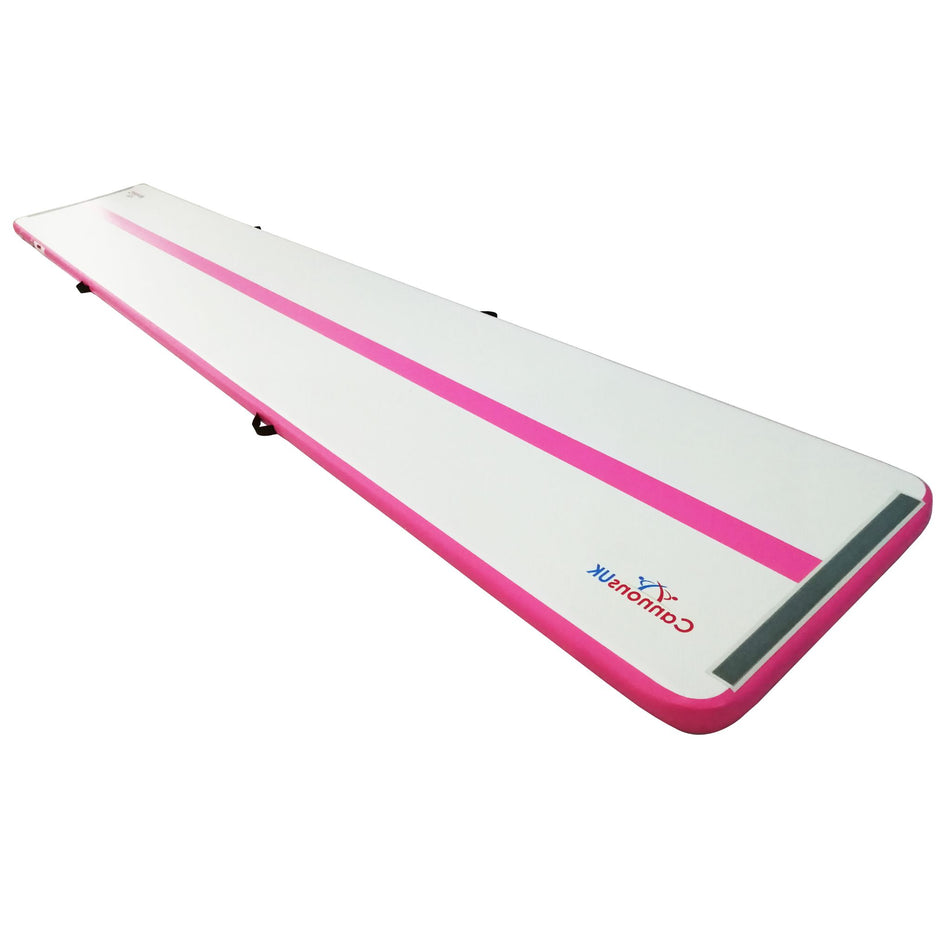 Air Track Pro 5 m × 1 m × 10 cm — pink trim, long-perspective hero on white showing centre line and rounded corners
