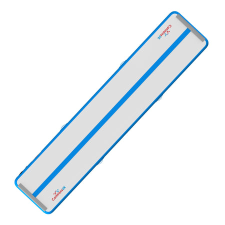 Air Track Pro 5 m × 1 m × 20 cm — blue trim, narrow diagonal long-perspective crop with centre line visible