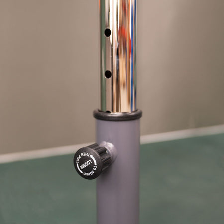 Instructor demonstrating technique at barre in gym setting