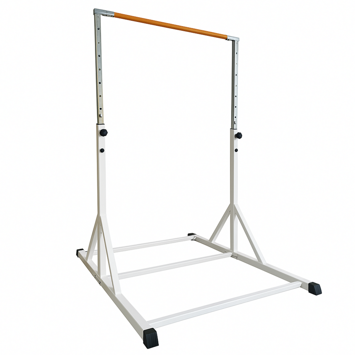 Detailed shot of rubber foot caps on white folding gymnastics training bar.