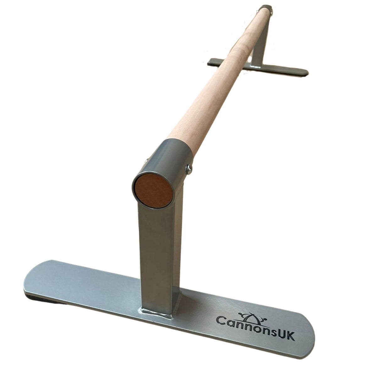 Full-length view of the 120 cm handstand bar showing a wooden rail mounted on white anti-slip metal supports