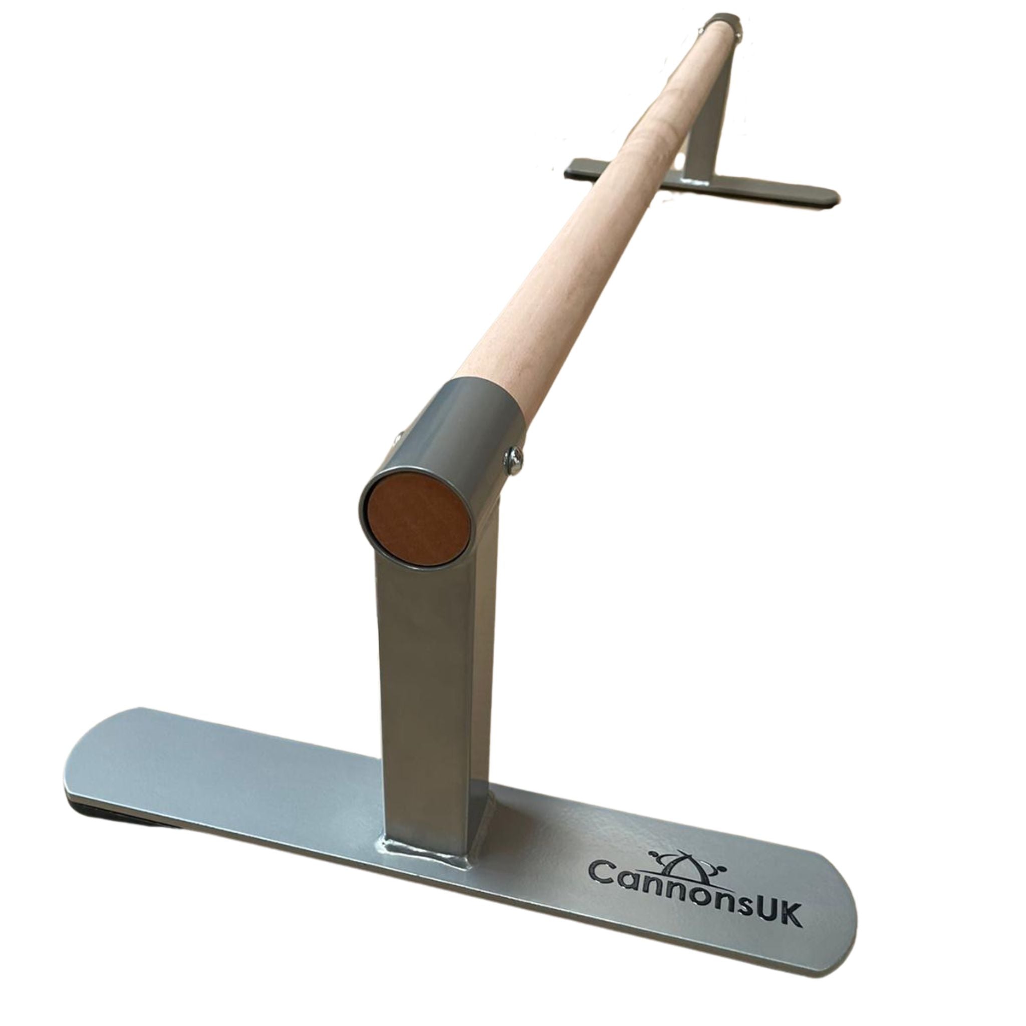 Full-length view of the 120 cm handstand bar showing a wooden rail mounted on white anti-slip metal supports