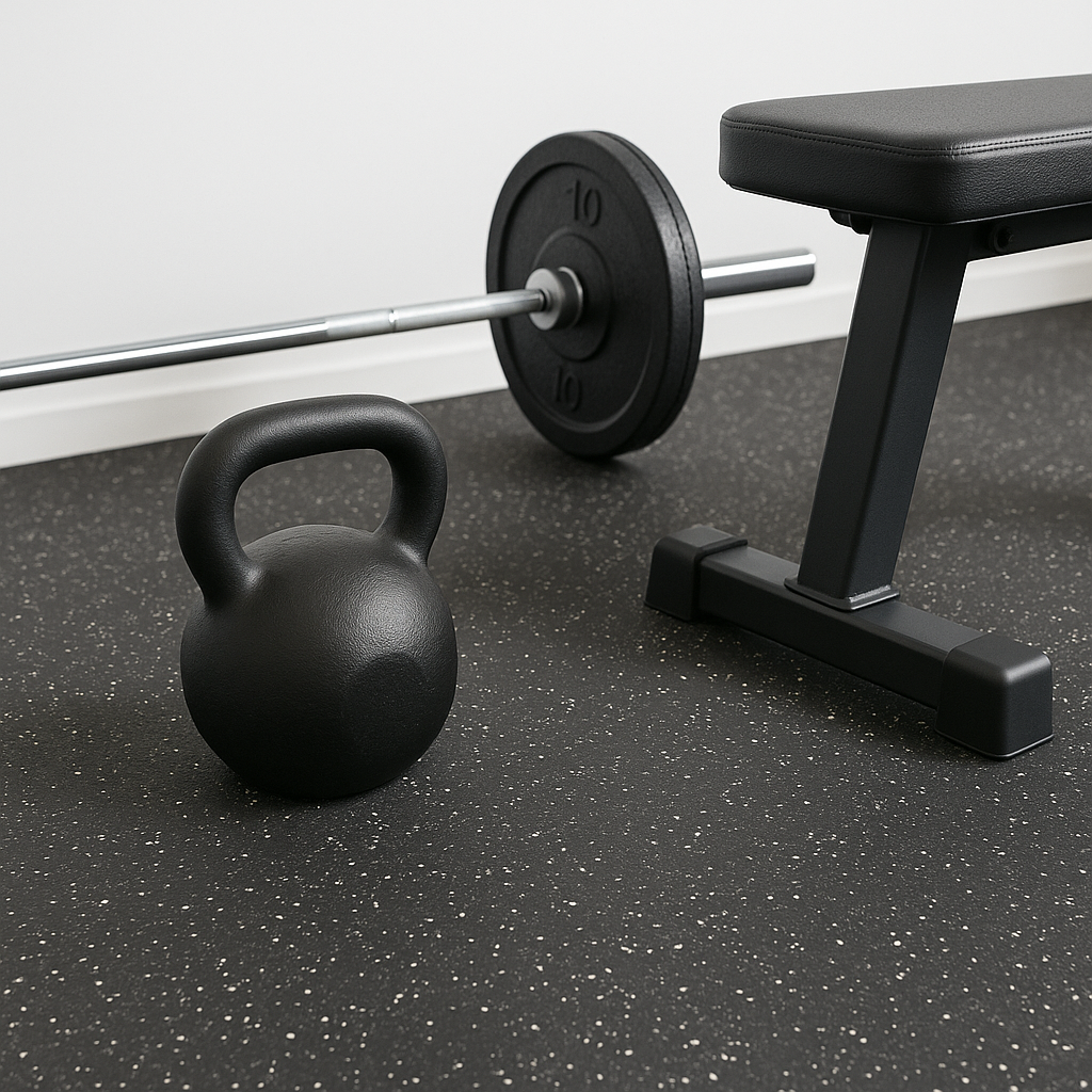 Cannons UK 8mm gym floor roll in use under weight bench