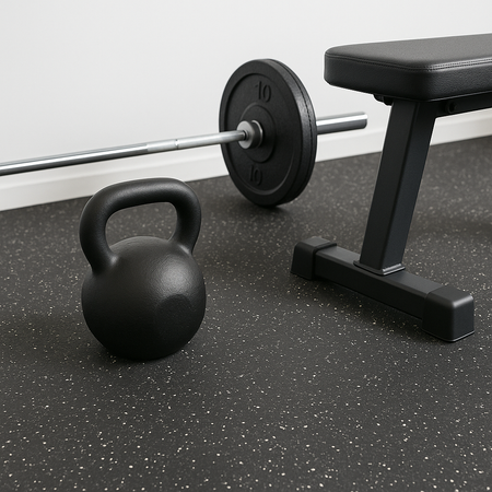 Cannons UK 8mm gym floor roll in use under weight bench