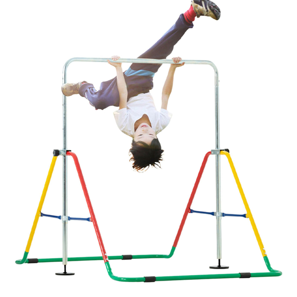 Child using mini folding junior gymnastics bar and activity station
