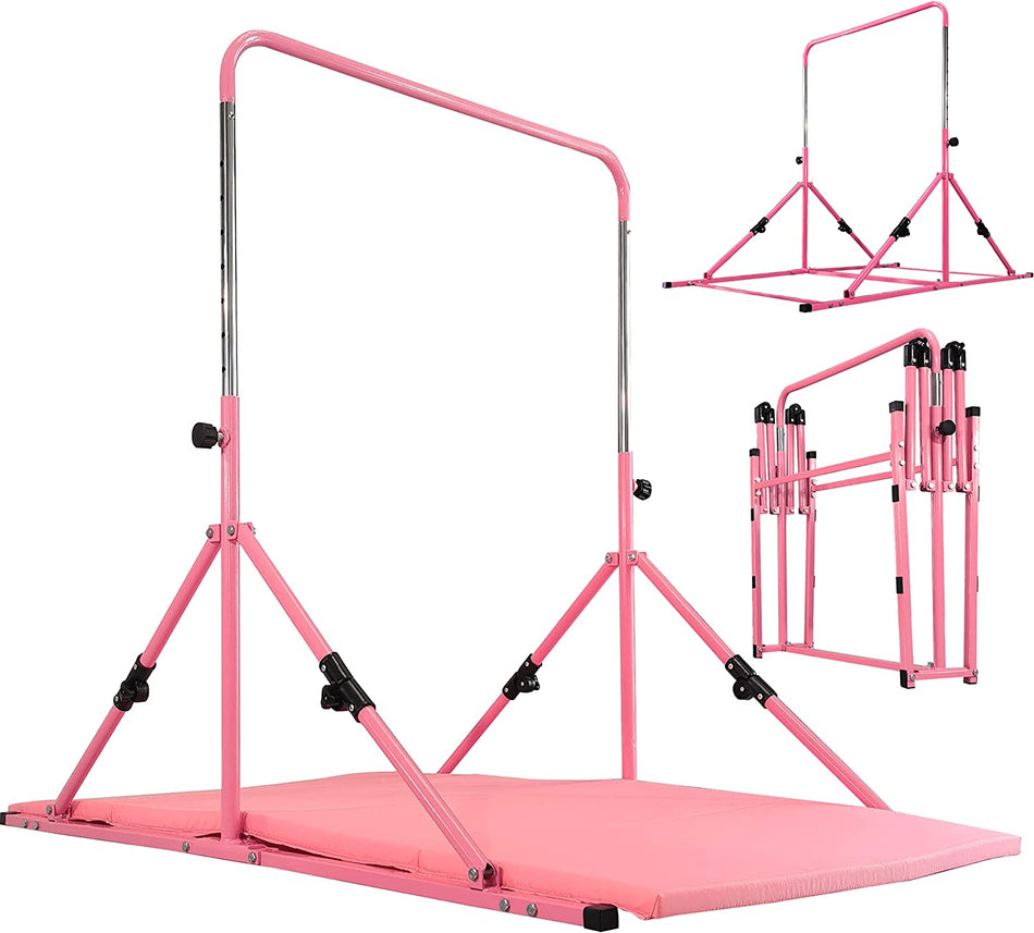 Mini Folding Junior Pro Adjustable. 84cm to 125cm Horizontal Bars plus free tumble mat. Pink, Green or Blue