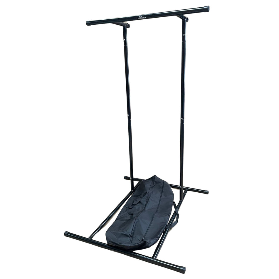 Front view of portable pull-up rack on gym floor
