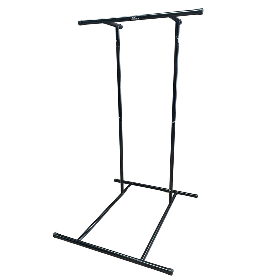 Side profile of portable pull-up rack frame and base