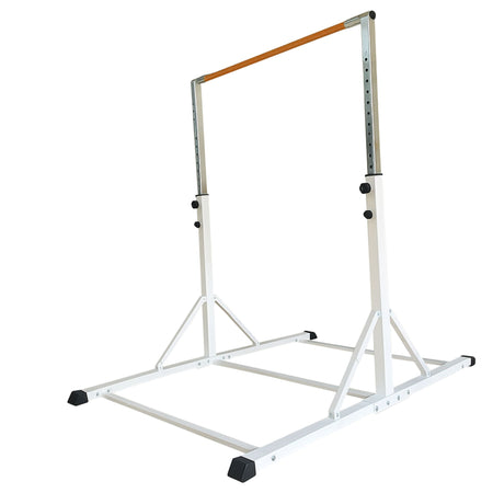 Front view of Cannons UK white deluxe folding gymnastics bar with adjustable height.