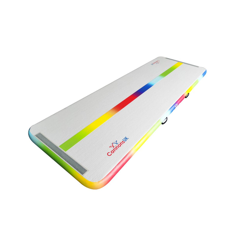Air Track Pro 3m × 1m × 10cm — rainbow rails, isometric hero on white with centre line, rounded corners, end connector panel, dual valves and handles (inflatable gymnastics air floor)