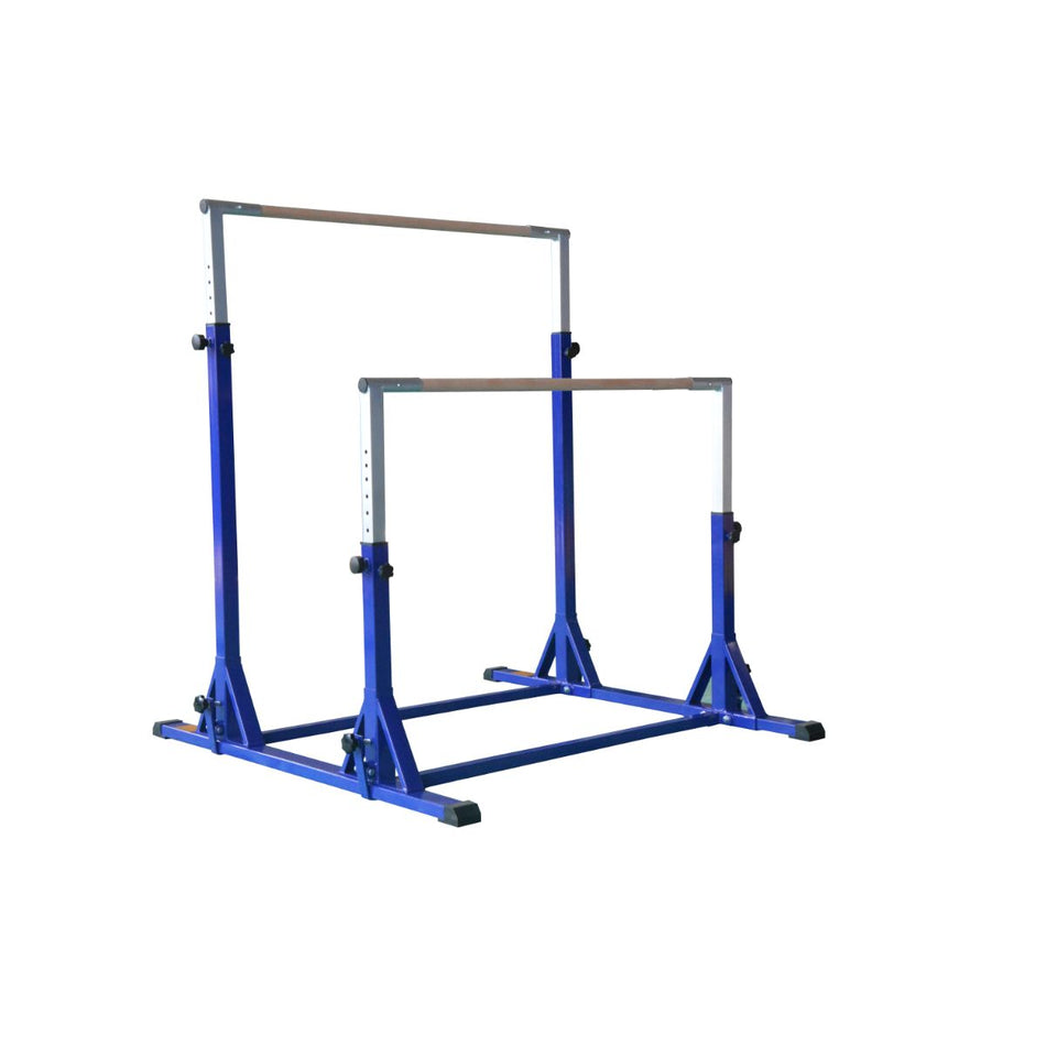 Cannons UK Elite Adjustable Asymmetric Bars blue — front/three-quarter studio view fully extended for home and club gymnastics, casts and giants.