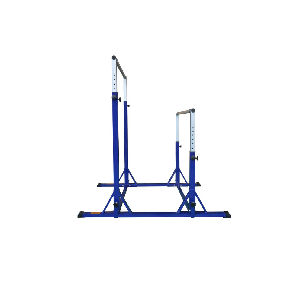 Blue Elite adjustable asymmetric bars — clean side profile highlighting height posts and bar spacing for safe training sessions.