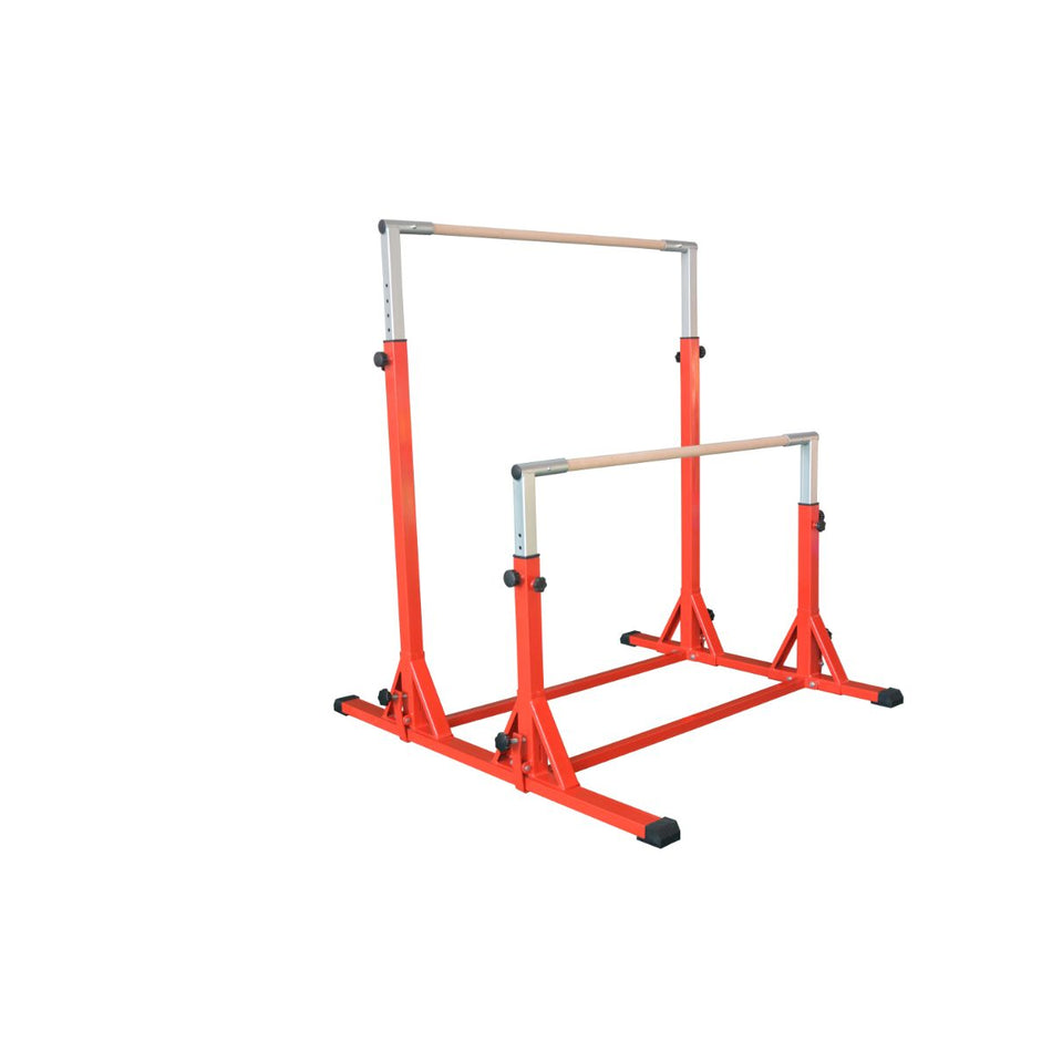 Cannons UK Elite Adjustable Asymmetric Bars in red — front view fully extended for home and club gymnastics, casts and giants