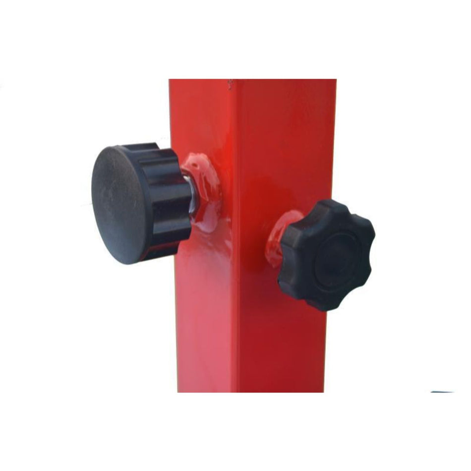 Red Elite asymmetric bars height-adjustment knobs close-up on upright post — secure, easy bar height changes for training