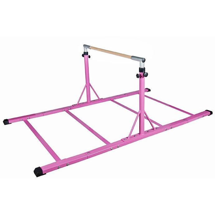 Cannons UK Pink Elite Adjustable Horizontal Bar — full front angled view, showing fibreglass rail and stabiliser base.