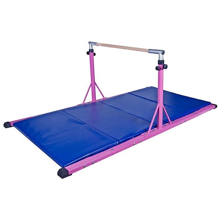 Pink Elite Gymnastics Horizontal Bar with foldable safety mat — complete training setup for safe practice at home or club.