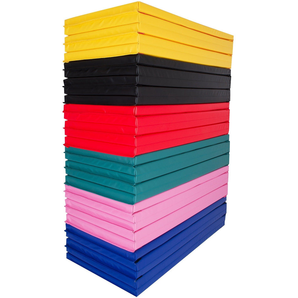Cannons UK foldable gymnastics mats stacked in multiple colours 10ft x 4ft x 50mm