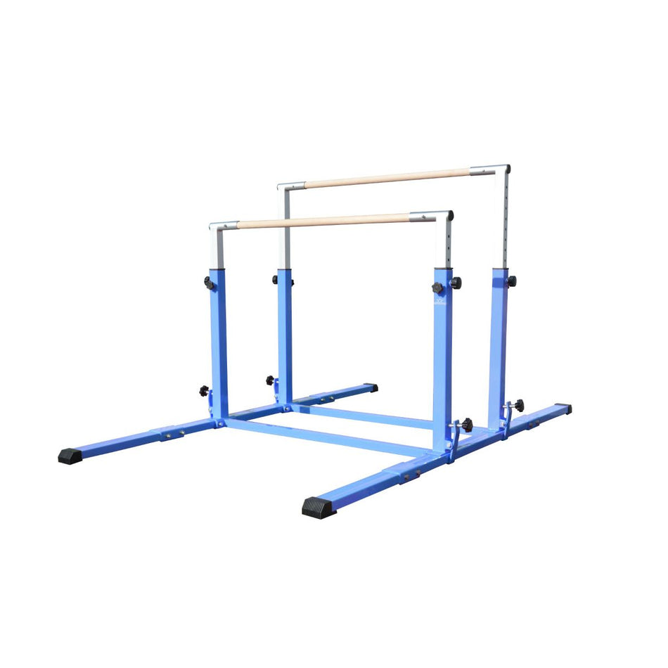Cannons UK Parallel Bars blue — three-quarter studio view showing stabiliser base for dips and support holds