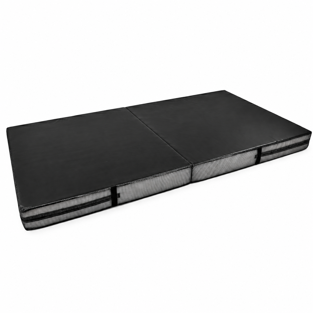 Black bi-fold crash mat laid flat, showing its thick sides and carry handles.