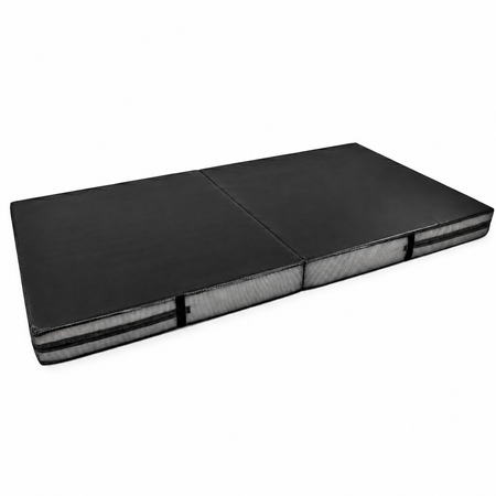 Black bi-fold crash mat laid flat, showing its thick sides and carry handles.