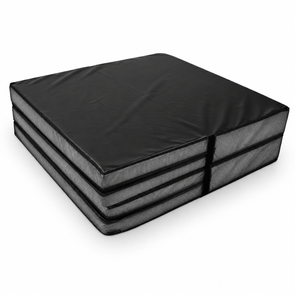 Black bi-fold crash mat folded in half for storage.