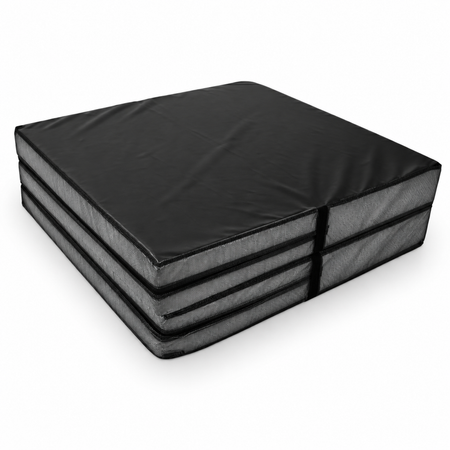 Black bi-fold crash mat folded in half for storage.