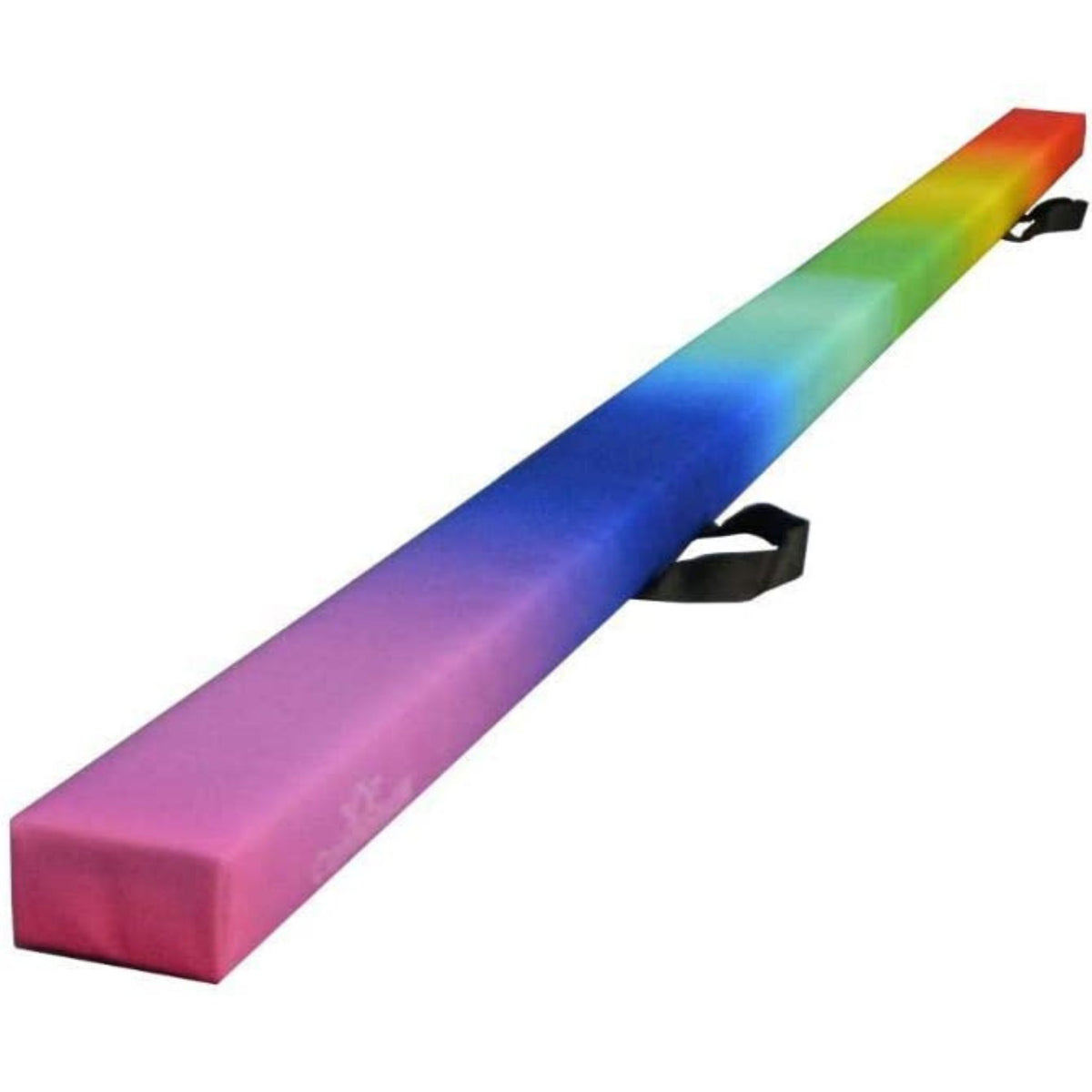 Closeup of Cannons UK 210cm folding gymnastics beam in rainbow colours, hinge and surface detail shown.