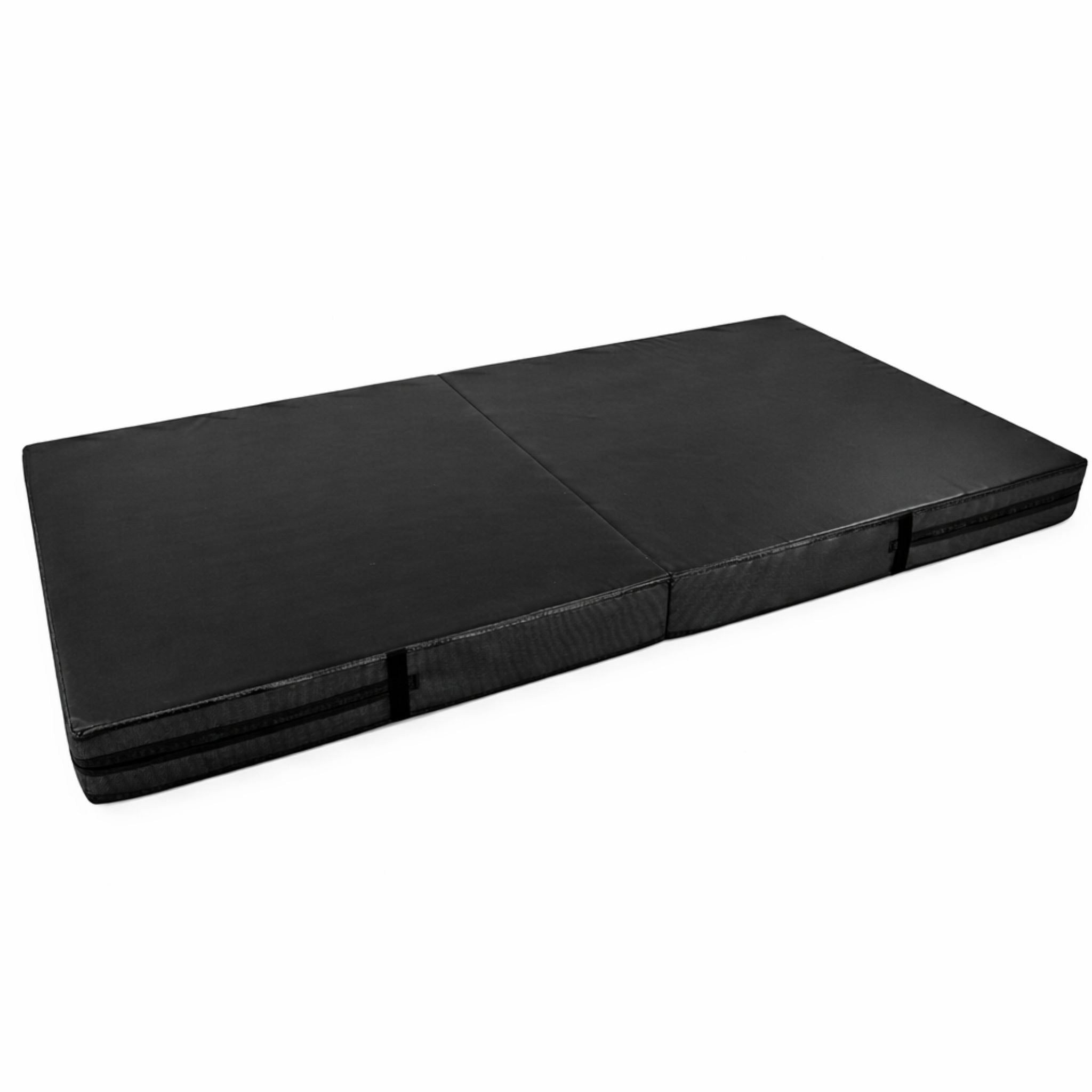Black gymnastics crash mat laid flat, foldable design with high-impact foam padding, suitable for home and club use