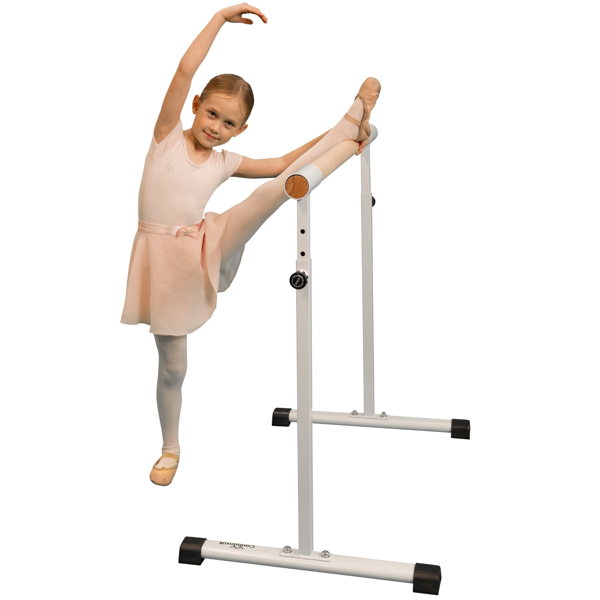 Side profile of white 110 cm freestanding ballet barre  
