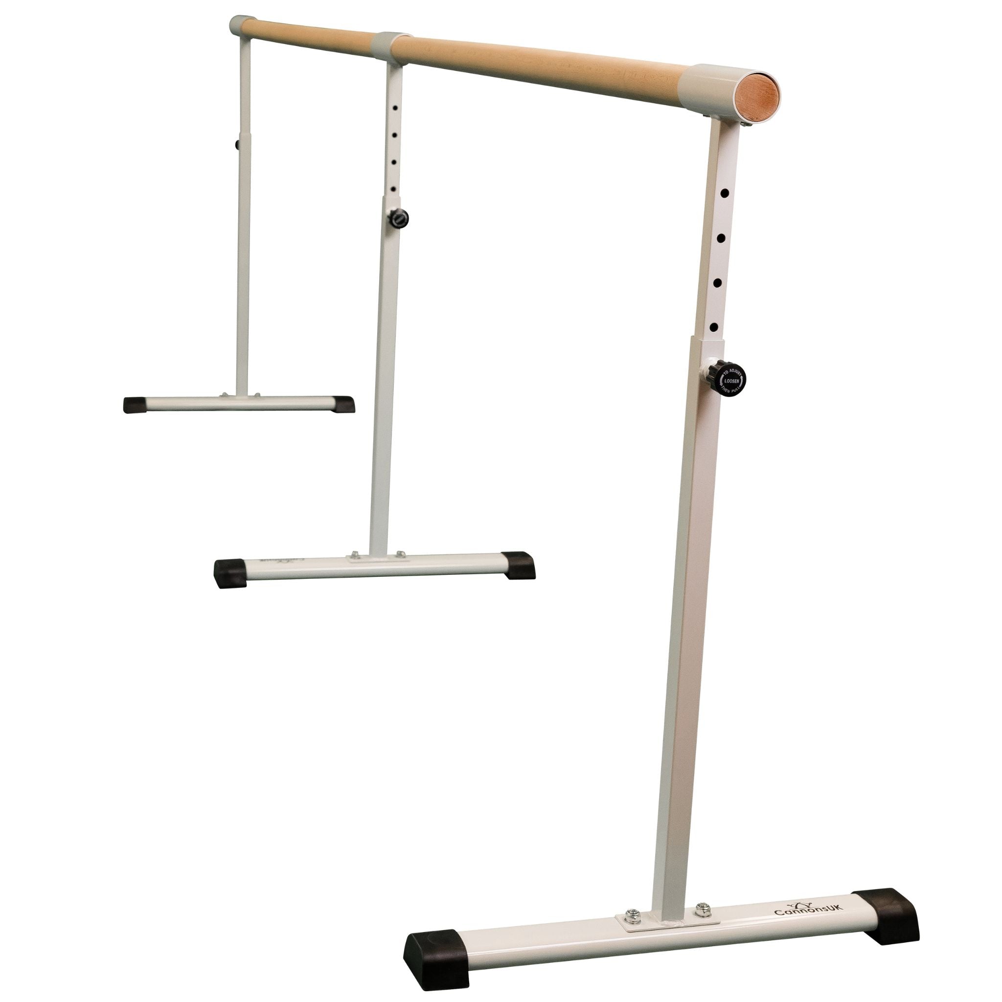 Under view of white 110 cm barre frame  
