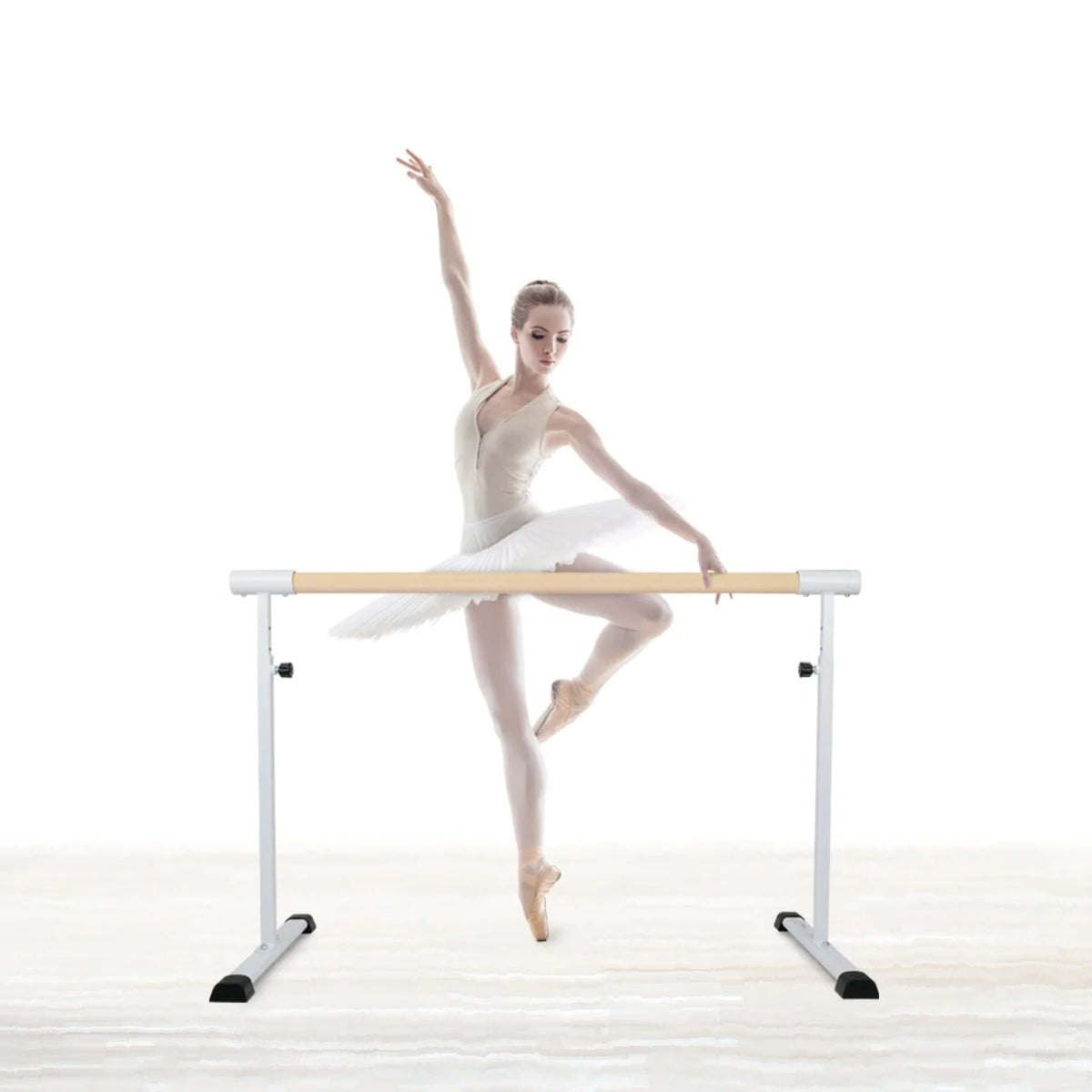 Angled shot of white 150 cm ballet barre – base visible
