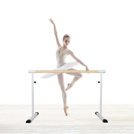Angled shot of white 150 cm ballet barre – base visible
