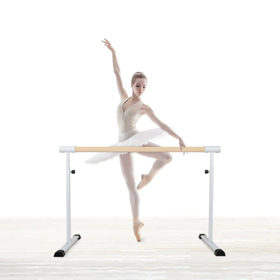 Angled shot of white 150 cm ballet barre – base visible
