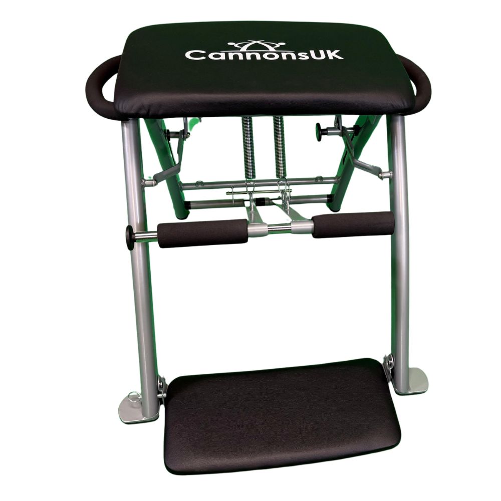 Black Pilates chair featuring adjustable spring resistance system