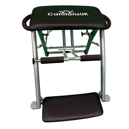 Black Pilates chair featuring adjustable spring resistance system