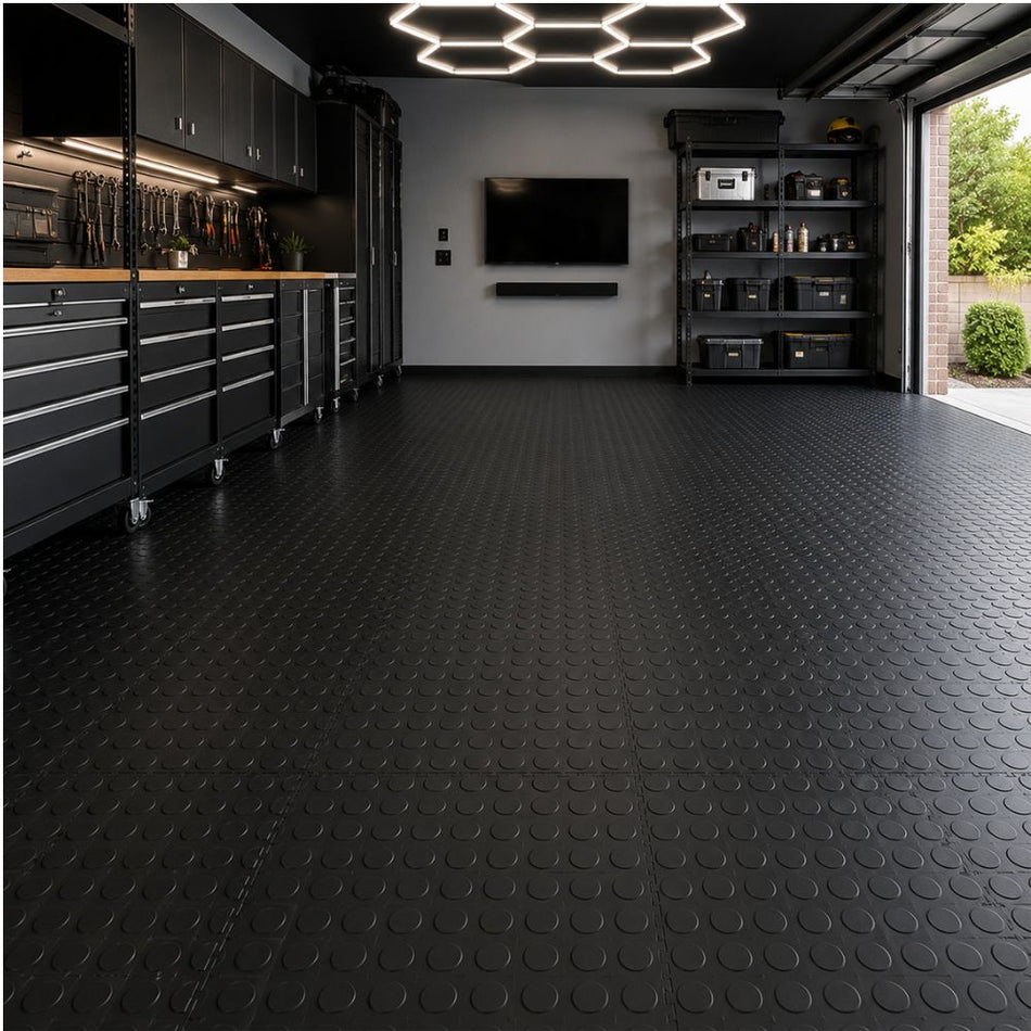 Black UltraLock PVC tiles installed in a garage