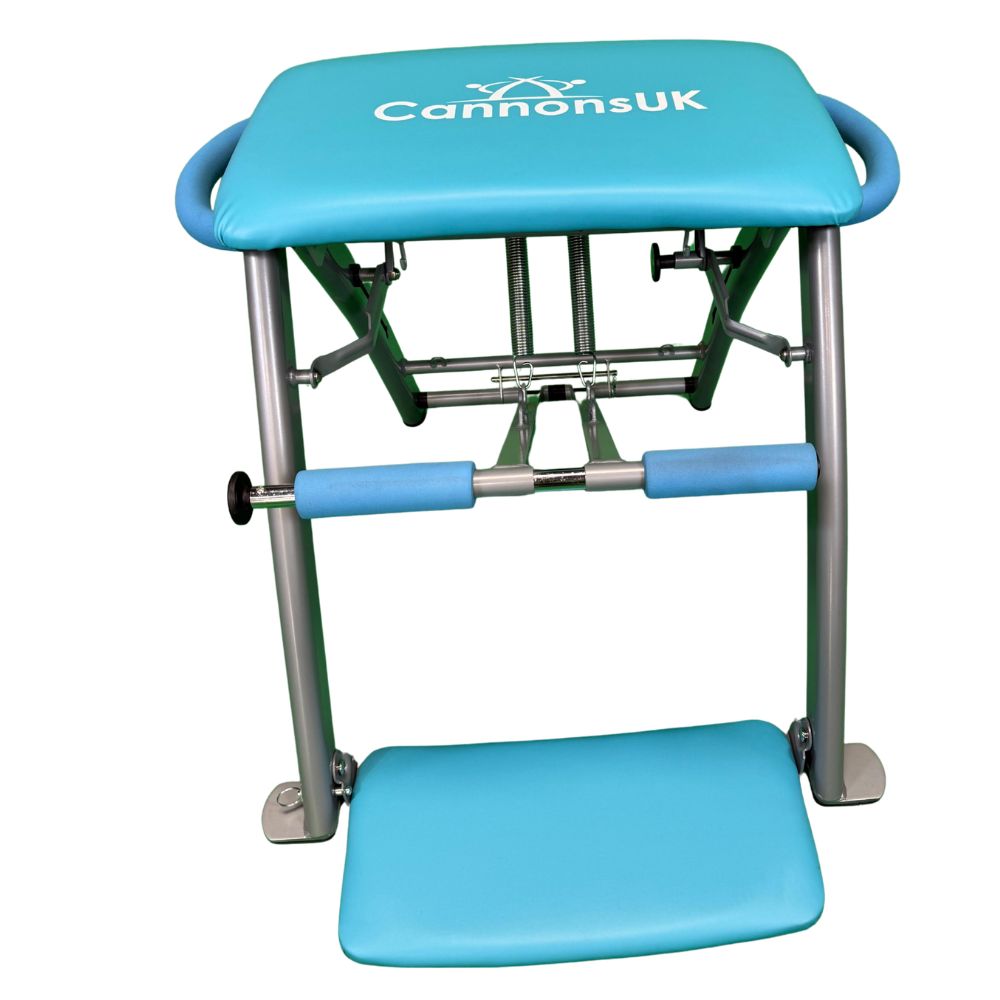 Blue Pilates chair designed for full-body strength and conditioning exercises